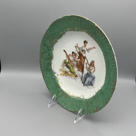 Vtg Unmarked Green Transferware Porcelain Heavenly Choir Decorative Plate Bowl - Picture 11 of 12